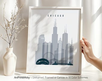 Chicago Print, Minimalist Poster Skyline | Wall Art in Grey Blue Hues for Home and Office Decor | Travel Gifts | ArtPrintsVicky