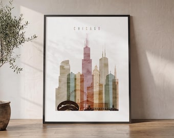 Stampa artistica da parete di Chicago, poster dello skyline, arte di viaggio della città dell'Illinois, regalo personalizzato, decorazione per ufficio