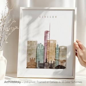 Stampa di Glasgow, poster di Glasgow, skyline, arte murale, poster della città, paesaggio urbano scozzese ad acquerello, arredamento per la casa, regalo da viaggio / ArtPrintsVicky