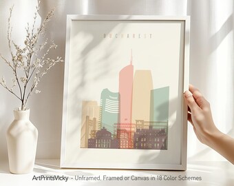 Bucharest Skyline Print | Romania City Wall Art | Pastel Architecture Poster | European Travel Gift | Modern Home Decor | ArtPrintsVicky