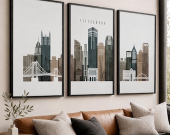 Pittsburgh 3 Piece Wall Art Prints, Skyline Poster Set, Triptych Decor