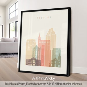 Raleigh NC Modern City Print in Warm Pastels, Vertical, Framed, Unframed or Canvas | ArtPrintsVicky