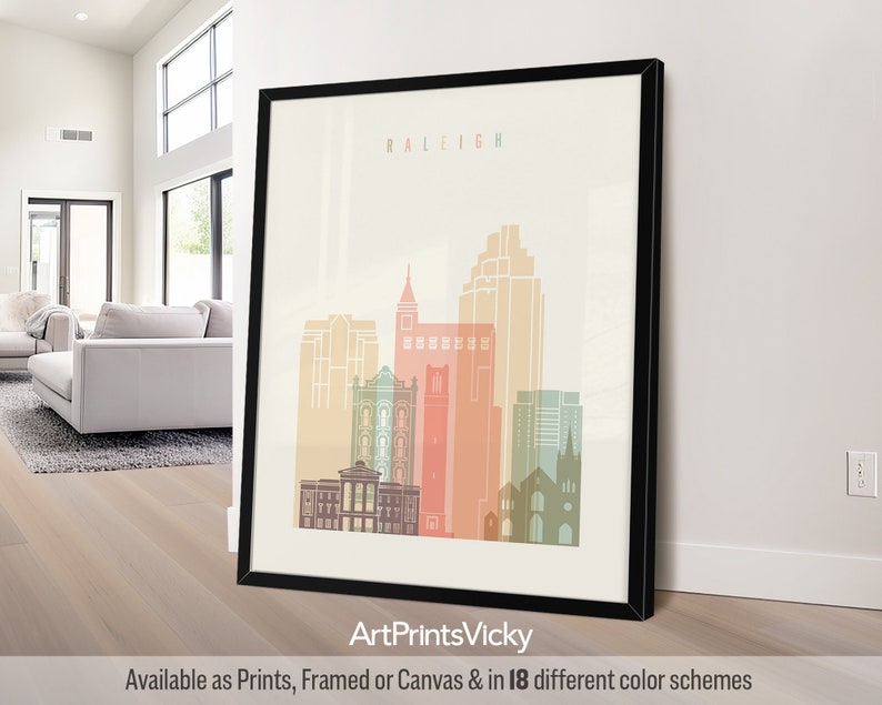 Raleigh NC Modern City Print in Warm Pastels, Vertical, Framed, Unframed or Canvas | ArtPrintsVicky