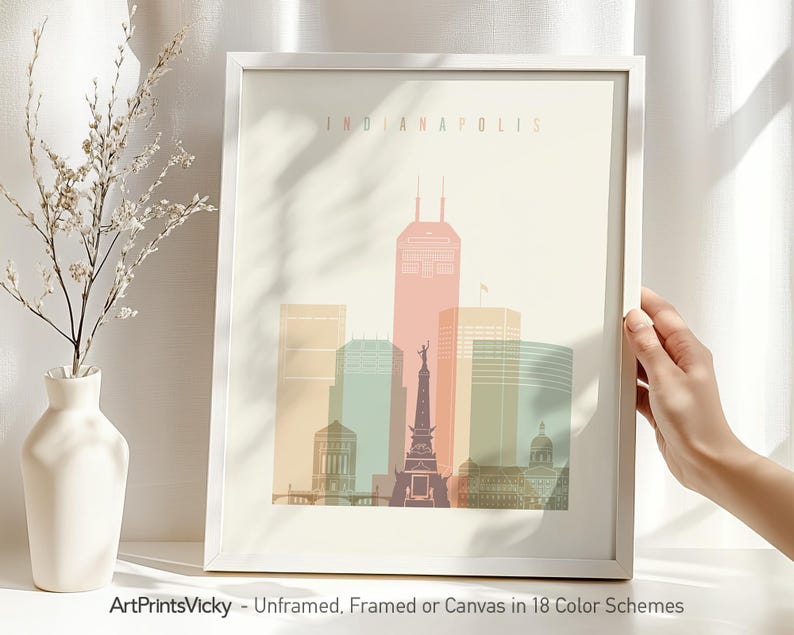 Indianapolis Minimalist Skyline Poster in Warm Pastels, Vertical, Framed, Unframed or Canvas | ArtPrintsVicky