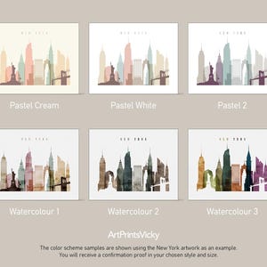 a set of four watercolor paintings of a city skyline
