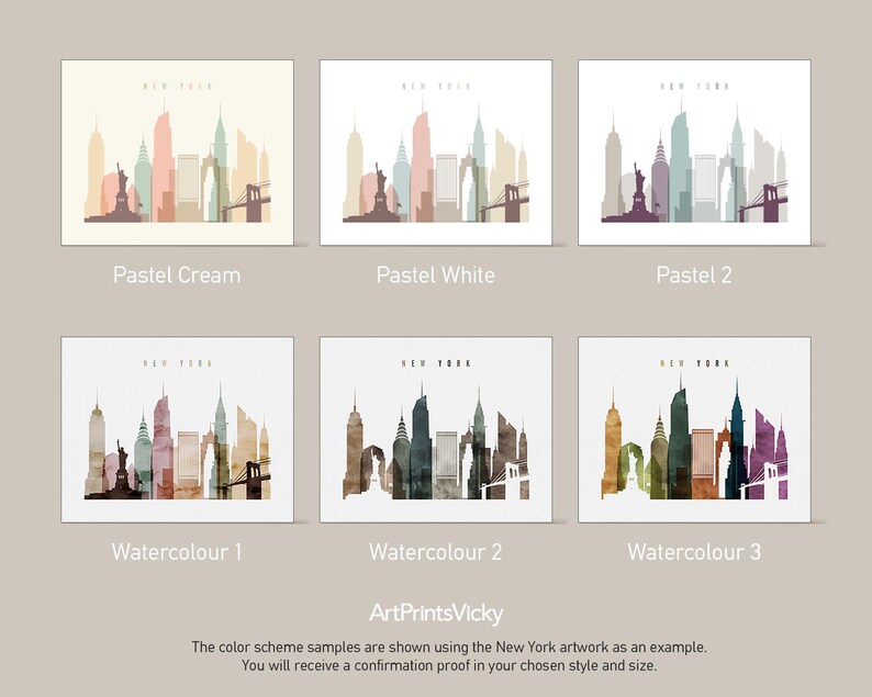 a set of four watercolor paintings of a city skyline