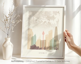 Sydney Map & Skyline Poster in Warm Pastels | ArtPrintsVicky