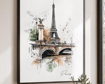 Paris Wall Art Print, Eiffel Tower Watercolor Poster, Travel Gifts