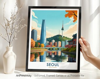 Seoul Skyline Travel Poster, Seoul Print, South Korea Wall Art, Asian Cityscape Decor for Home or Office | Housewarming Gift