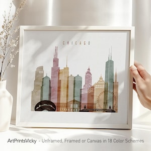 Chicago Skyline Poster in Warm Watercolors, Landscape, Framed, Unframed or Canvas | ArtPrintsVicky