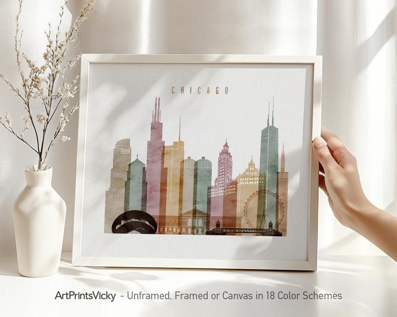 Chicago Skyline Poster in Warm Watercolors, Landscape, Framed, Unframed or Canvas | ArtPrintsVicky