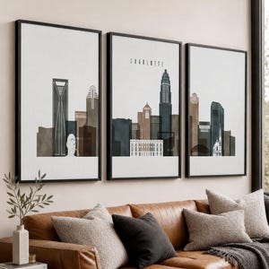 Charlotte 3 Piece Wall Art Prints, North Carolina Skyline Poster Set