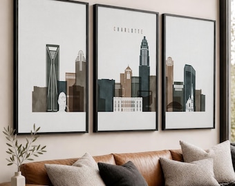 Charlotte 3 Piece Wall Art Prints, North Carolina Skyline Poster Set