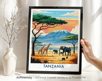 Tanzania Travel Print, Kilimanjaro Poster, African landscape wall art, Home decor, Safari print, Housewarming gift