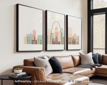 St. Louis 3 Piece Wall Art Prints, Saint Louis Skyline Poster Set | ArtPrintsVicky