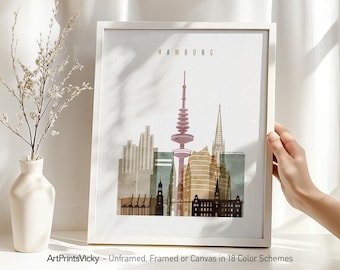 Hamburg art print skyline, Hamburg wall art poster, Hamburg watercolour cityscape, city poster, travel Gift, home decor | ArtPrintsVicky