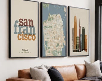 San Francisco Wall Art Set of 3 Map Prints, Skyline California Decor, Typography Poster