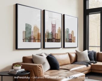 Nashville 3 Piece Wall Art Prints, Nashville Skyline Poster Set | ArtPrintsVicky