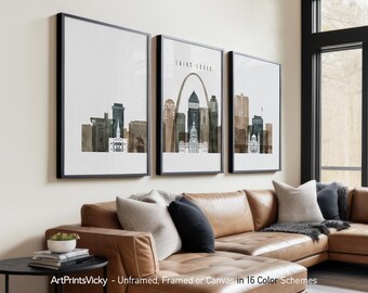 St. Louis 3 Piece Wall Art Prints, Saint Louis Skyline Poster Set | ArtPrintsVicky