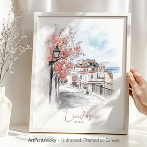 Stampa di Lindos Rodi - Grecia / Disegno di poster / Arte murale di viaggio per la casa e l'ufficio / ArtPrintsVicky