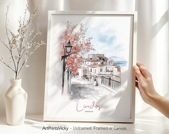 Lindos Rhodes print - Greece | Poster drawing | Travel wall art for home and office decor | ArtPrintsVicky
