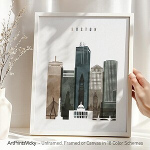 Boston Skyline Watercolor Art Print: City Travel Poster