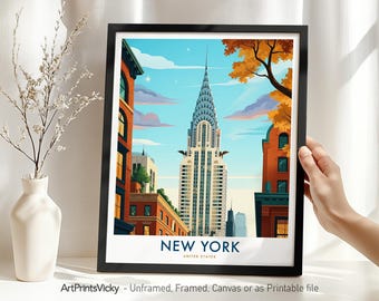 New York City Travel Print Wall Art, NYC Chrysler Building Poster Cityscape, Iconic NYC Architecture Illustrations, Housewarming Gift