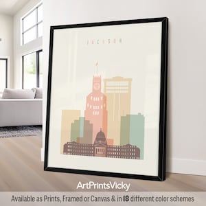 Jackson MS Minimalist City Print in Warm Pastels, Framed, Unframed or Canvas | ArtPrintsVicky