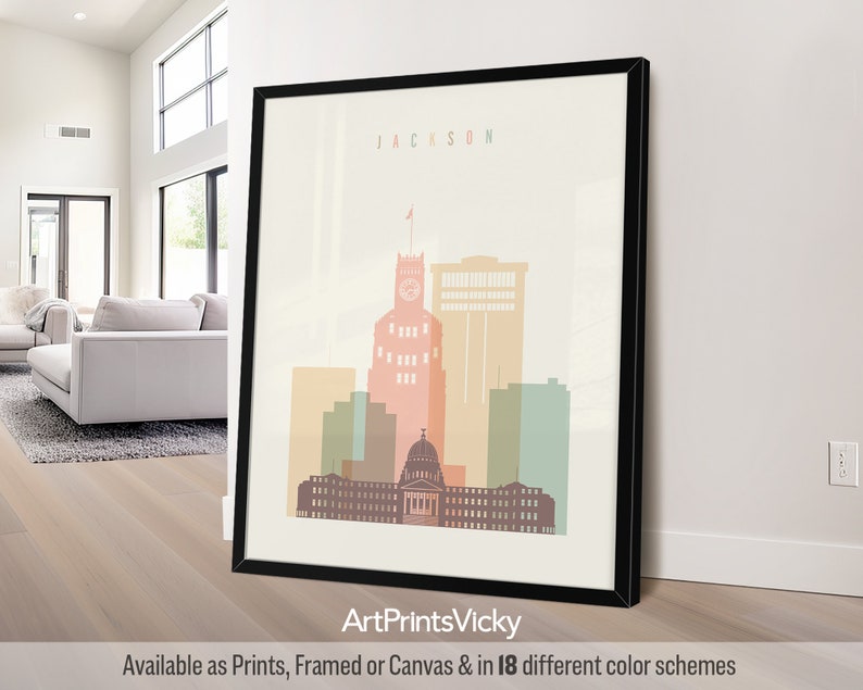 Jackson MS Minimalist City Print in Warm Pastels, Framed, Unframed or Canvas | ArtPrintsVicky