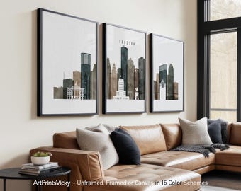 Houston 3 Piece Wall Art Prints, Houston Skyline Poster Set | ArtPrintsVicky
