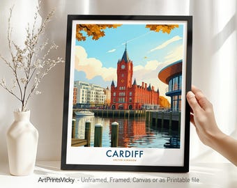 Cardiff Travel Print - Wales, Cardiff Poster Skyline, Wall Art for Home Decor, Housewarming gift
