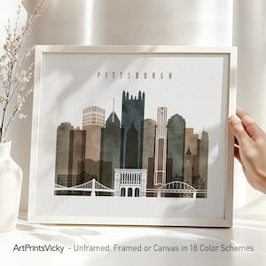 Pittsburgh Wall Art Print, Pittsburgh Skyline Poster in Earthy Watercolors | ArtPrintsVicky