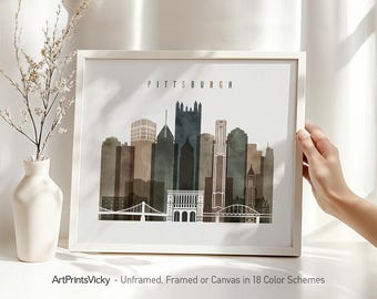 Pittsburgh Wall Art Print, Pittsburgh Skyline Poster in Earthy Watercolors | ArtPrintsVicky