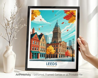 Leeds Travel Print – England, Leeds Poster Illustration, Yorkshire Cityscape Home Decor, Wall Hanging, Housewarming Gift
