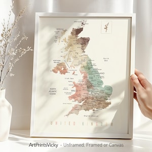 Großbritannien Wandkarte Poster | Detaillierte Landkarte des Vereinigten Königreiches | Britische gerahmte Karte | England Karte Canvas | Landkarte England | ArtPrintsVicky