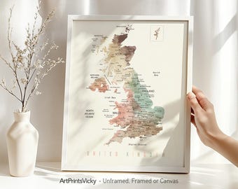 United Kingdom Wall Map Poster | Detailed UK Map Print | British Framed Map | England Map Canvas | Map of England | ArtPrintsVicky