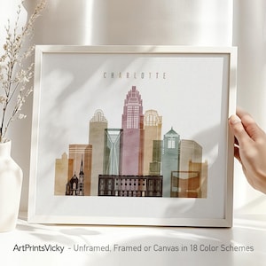 Charlotte NC Skyline Watercolor Art Print: Travel Cityscape Poster