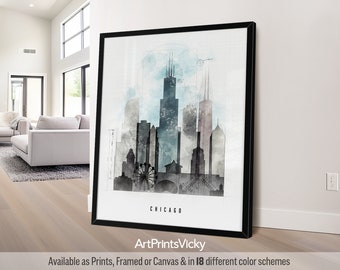 Chicago skyline poster, wall art print, Illinois city travel print, Personalised print | ArtPrintsVicky