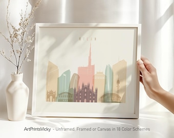 Milan Italy Wall Art Poster, Skyline Print in Pastels | ArtPrintsVicky