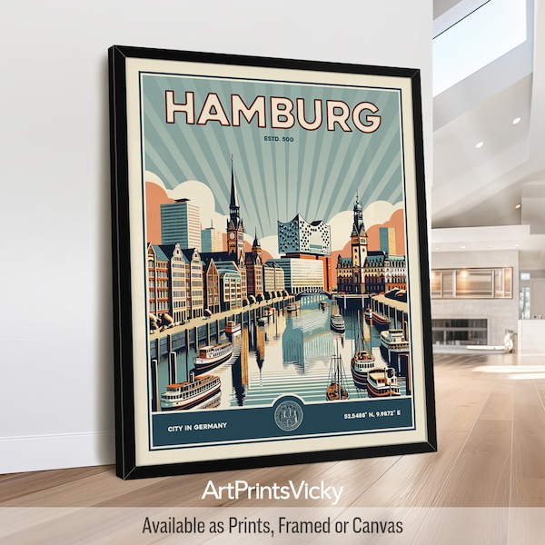 Hamburg poster | Hamburg Germany Print Wall Art in Retro Style | Travel Gifts | Customised Prints | ArtPrintsVicky