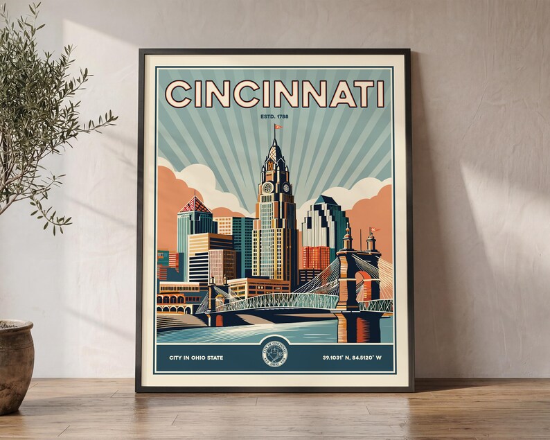 Cincinnati Ohio Skyline Wall Art Print, Retro Poster, Living Room ...