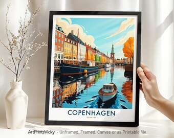 Copenhagen Travel Poster - Denmark | Copenhagen Print | Nyhavn Canal Wall Art Home Decor | Housewarming Gift