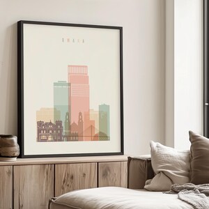 Omaha Modern City Print in Warm Pastels, Vertical, Framed, Unframed or Canvas | ArtPrintsVicky