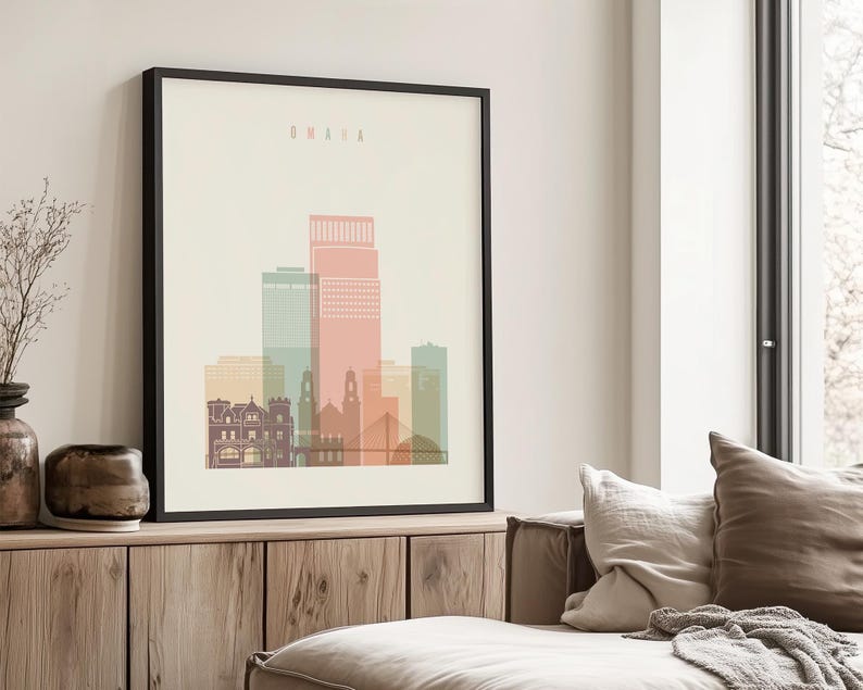 Omaha Modern City Print in Warm Pastels, Vertical, Framed, Unframed or Canvas | ArtPrintsVicky