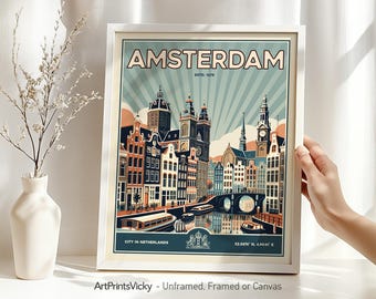 Amsterdam Travel Print - Netherlands | Poster in Retro Style | Cityscape Decor for Home and Office | Personalised Gift | ArtPrintsVicky