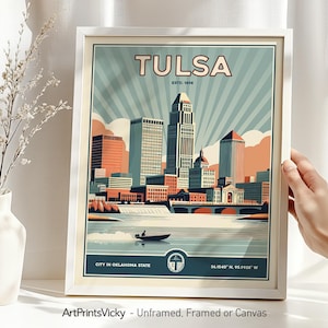 Póster con el horizonte de Tulsa / Impresión de Tulsa para pared en estilo retro / Decoración de viaje para el hogar y la oficina / Regalo personalizado / ArtPrintsVicky