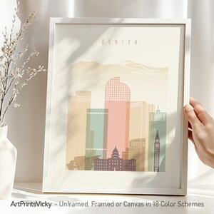 Pôster de Denver, impressão, horizonte de Denver, arte de parede, paisagem urbana do Colorado, pôster de viagem, arte da cidade em tons pastel, decoração para casa, impressões artísticasVicky