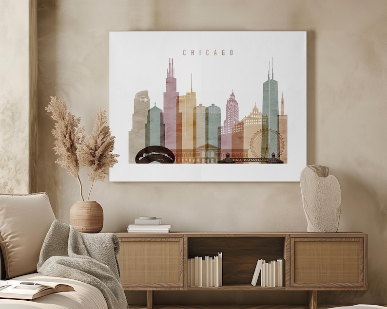 Chicago Skyline Poster in Warm Watercolors, Landscape, Framed, Unframed or Canvas | ArtPrintsVicky
