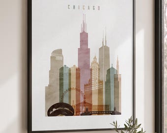 Chicago Wall art Poster Watercolor, Architectural Skyline Print, Illinois Cityscape Decor