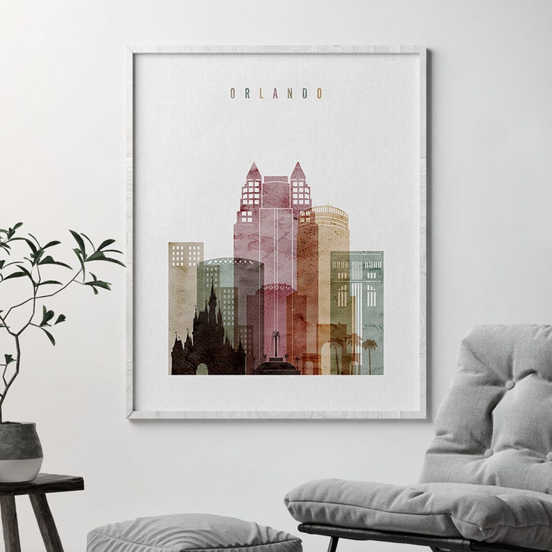Orlando Art Print Orlando Watercolor Skyline Travel Poster Etsy